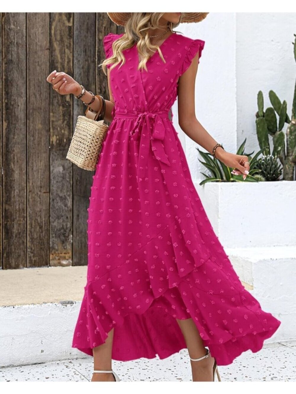 Womens Rose Red Swiss Dot Cap Sleeve V Neck Tie Waist Imported Causal Maxi Dress - Picture 6 of 6
